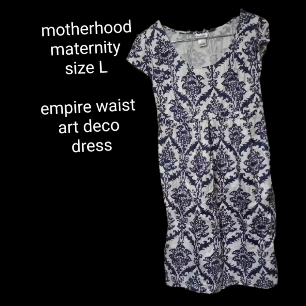 Motherhood maternity blue and white art deco empire waist dress size L.
